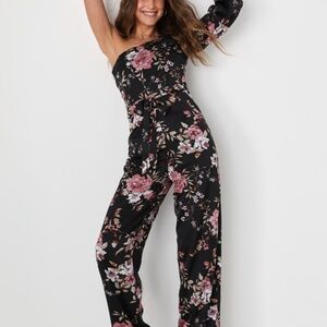 Lulus Made For Attention Black Satin Floral One-shoulder Jumpsuit - Size S